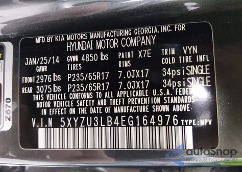 2014 Hyundai Santa Fe Sport 2.4L z USA, uszkodzony, nr VIN 5XYZU3LB4EG164976